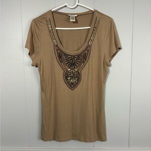 Cache Women's Scoop Neck Top Blouse Shirt Women Beaded Beige Tan Large Y2K Basic